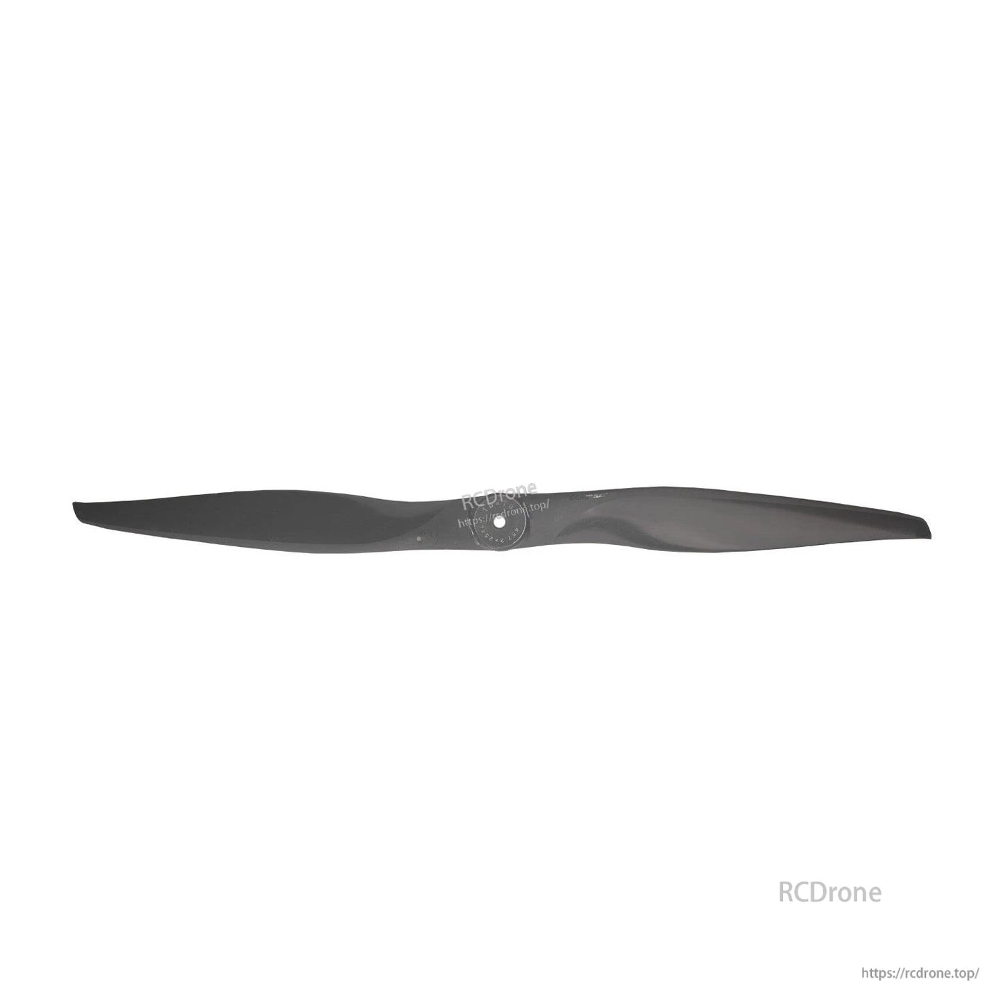 Full-length top view of gray two-blade propeller with center mounting hole