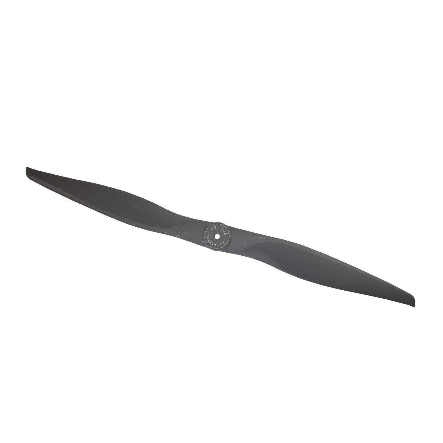 Close view of 18x10E two-blade propeller, hub detail and blade shape on white background