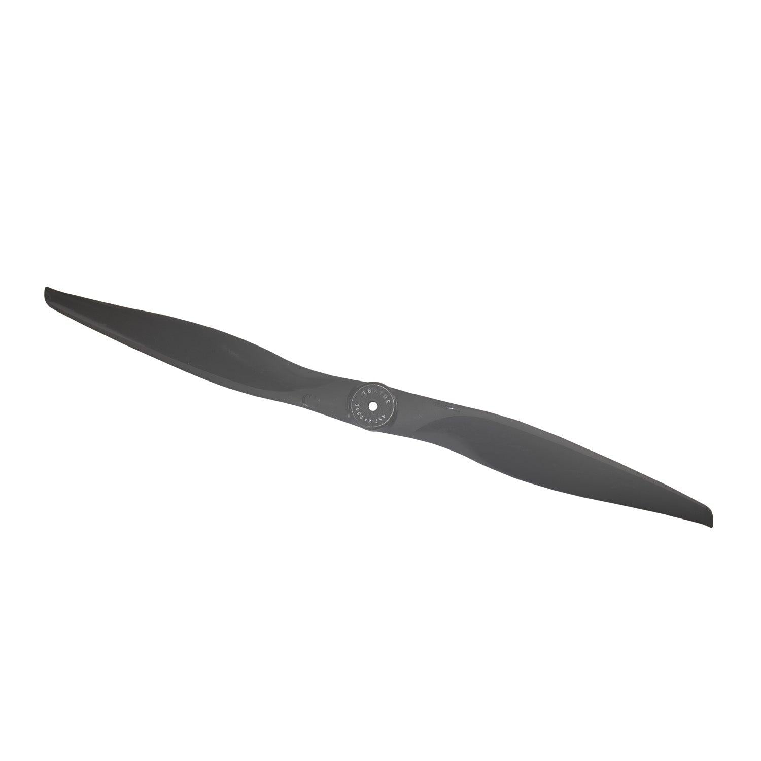 Close view of 18x10E two-blade propeller, hub detail and blade shape on white background