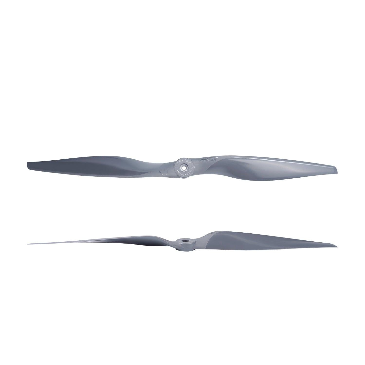 Gemfan Vortex 19x12E electric propeller, dark gray, 6.35mm center hole, front and side profile views