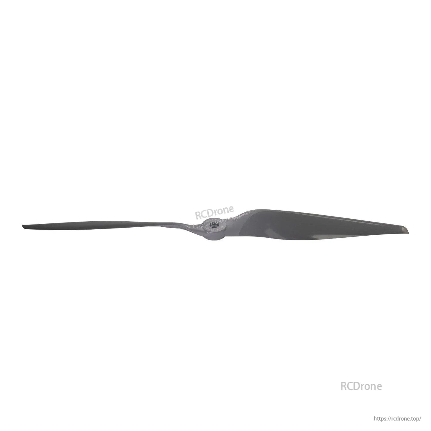 Side profile of dark gray two-blade propeller showing thin edge and blade curvature across full span
