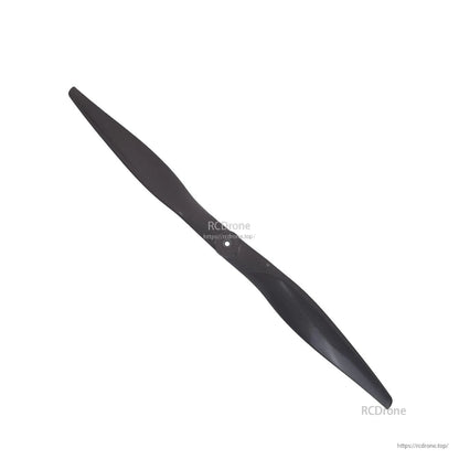 Angled view of black two-blade electric propeller showing twist and airfoil profile
