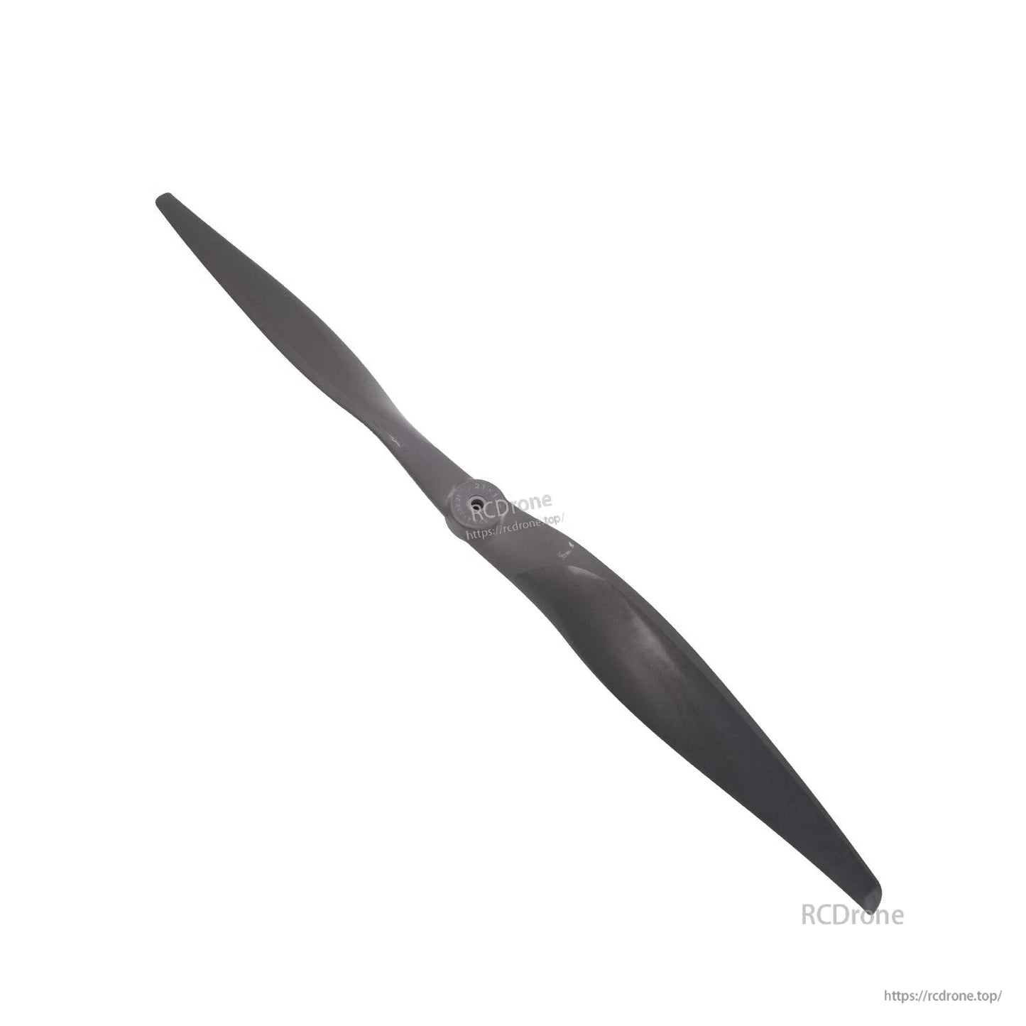 Angled view of two-blade electric propeller showing curved airfoil and hub