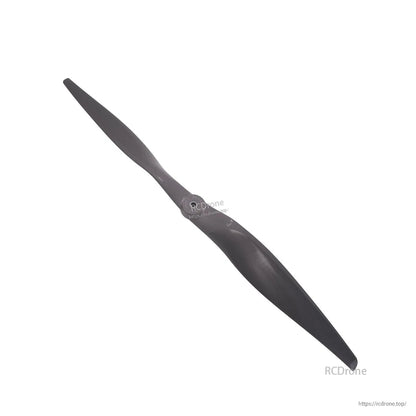 Angled view of two-blade electric propeller showing curved airfoil and hub