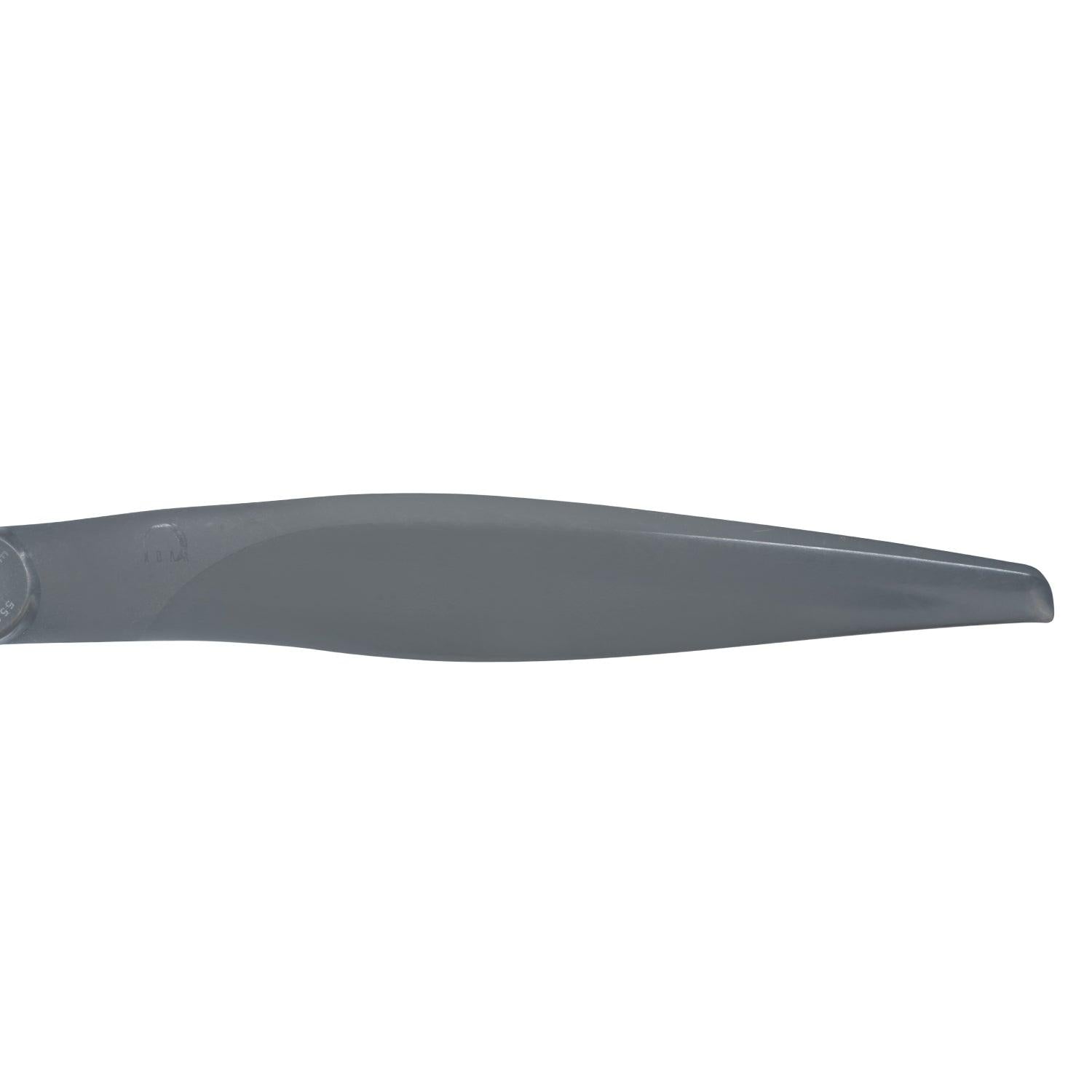 Close-up of propeller blade tip and airfoil profile in dark gray finish