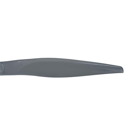 Close-up of propeller blade tip and airfoil profile in dark gray finish