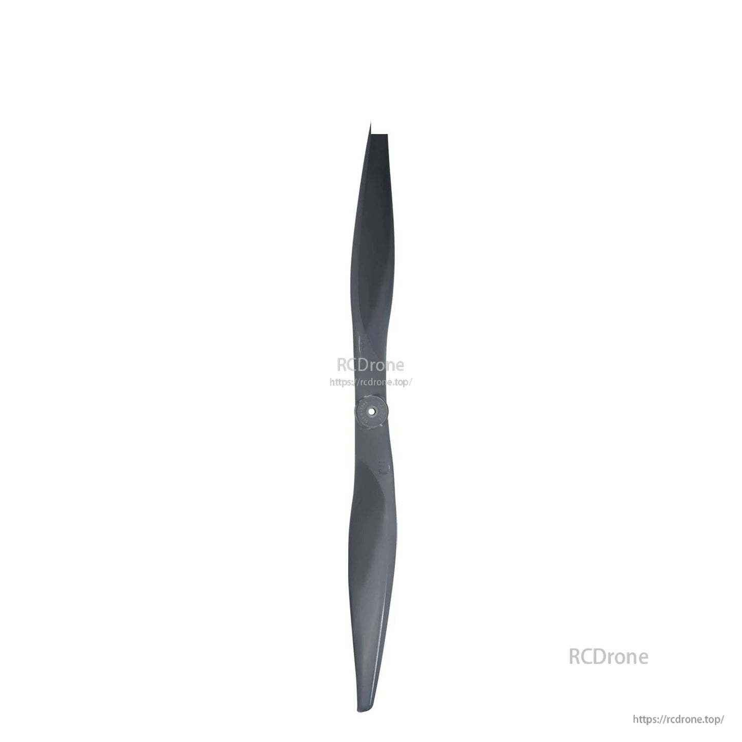 Vertical full-length view of two-blade propeller centered on white background