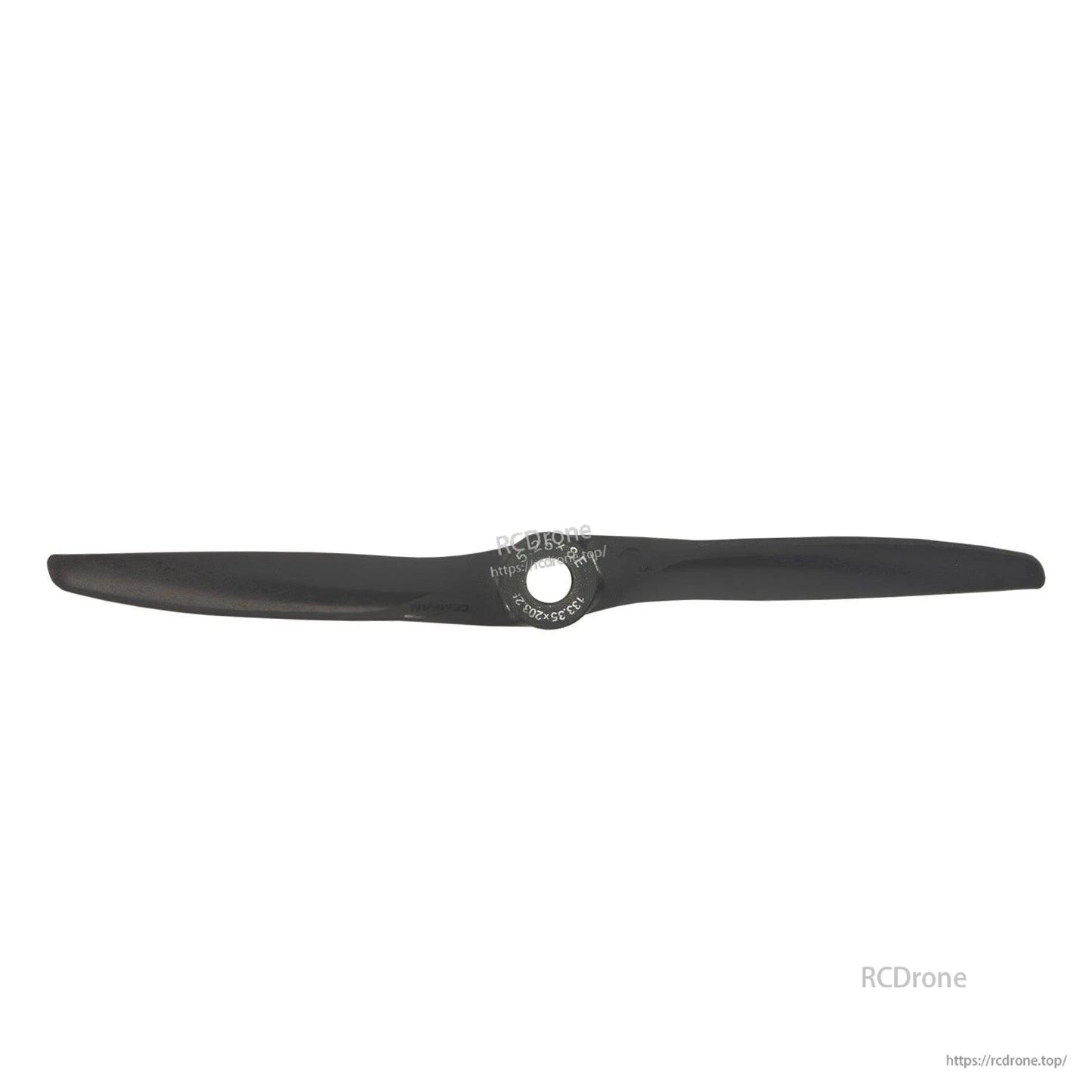 Full-length propeller top view on white background, straight profile with center hub opening