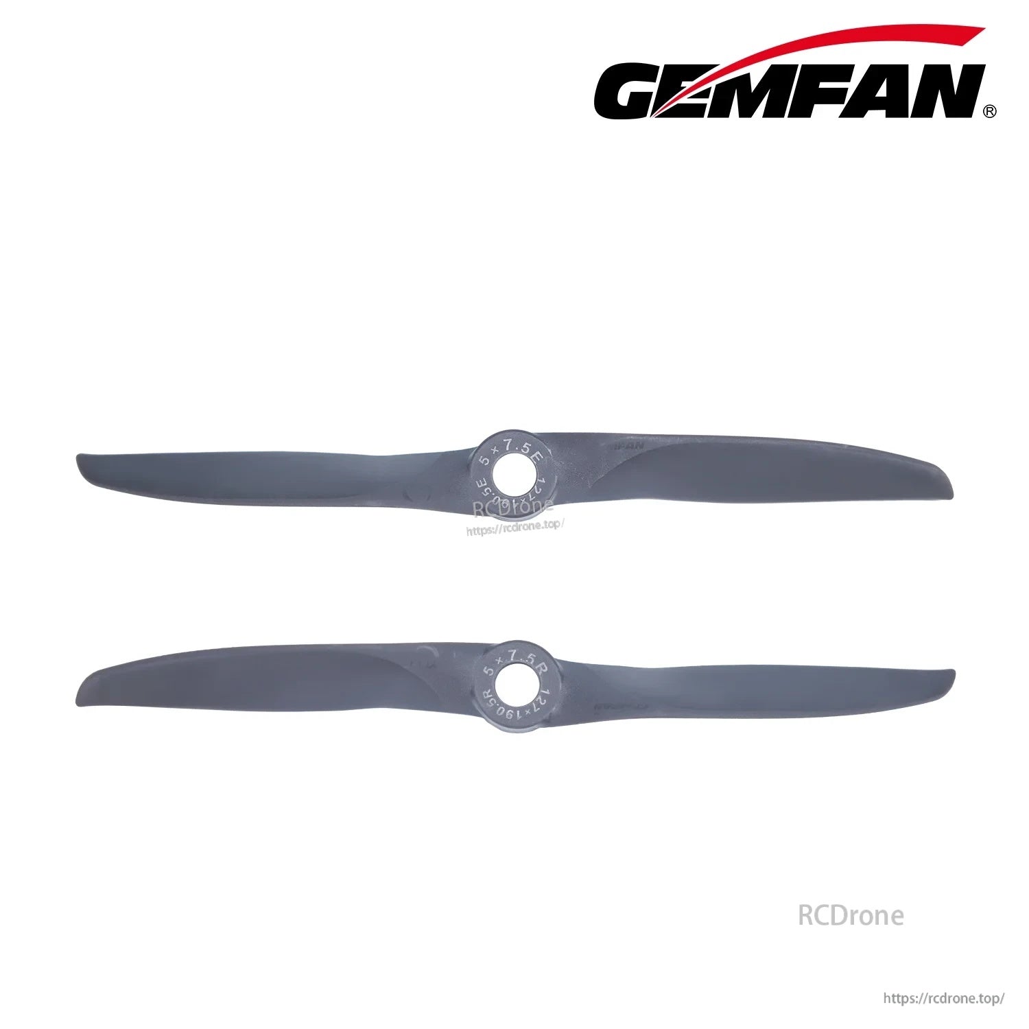 Gemfan Vortex 5x7.5E / 5x7.5R electric propeller set, top view of two 5-inch props with marked hubs