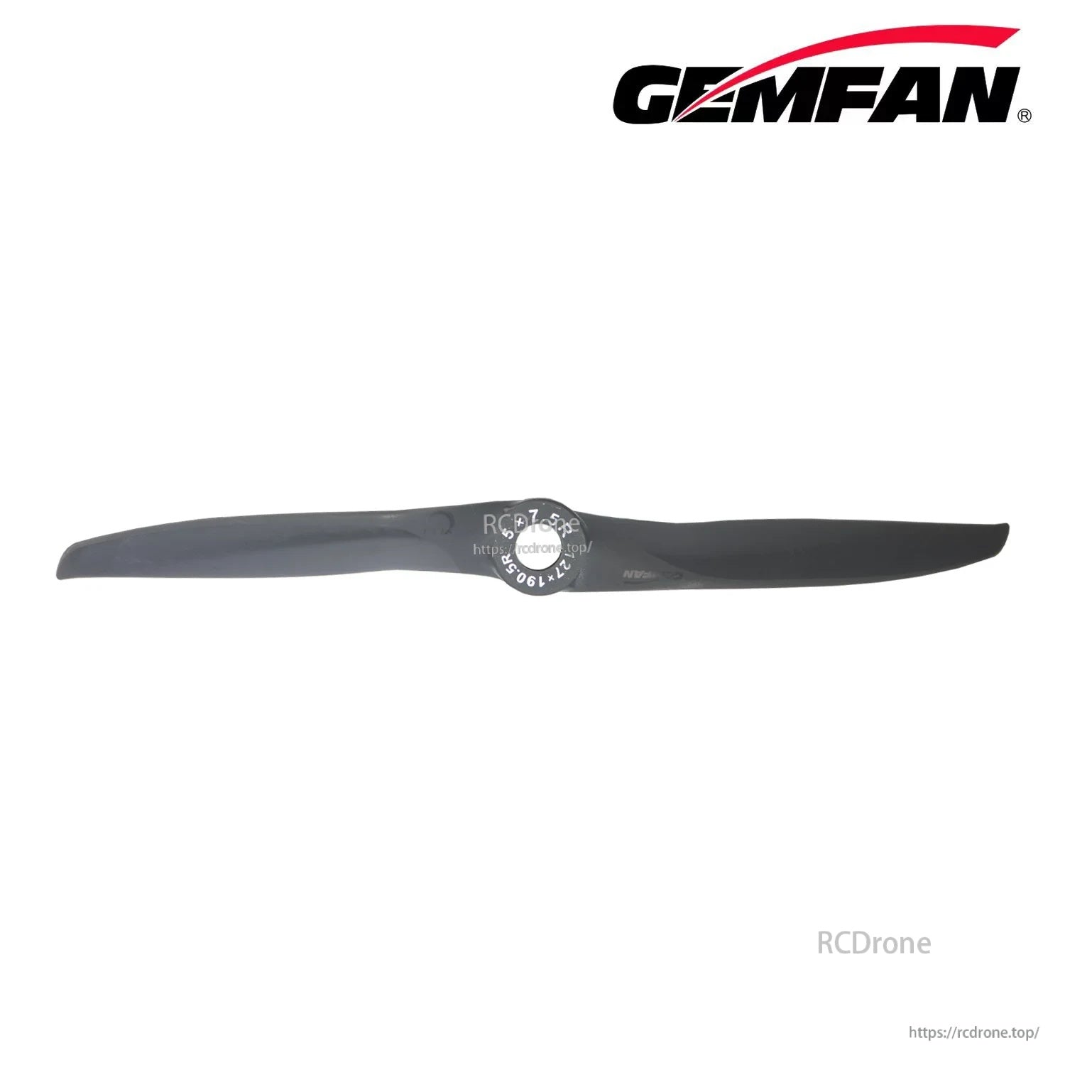 Single 5-inch Gemfan Vortex 7.5 pitch propeller, flat lay showing full blade outline and hub