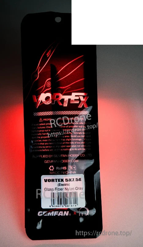 Gemfan Vortex package label showing model VORTEX 5X7.5E Electric and material text