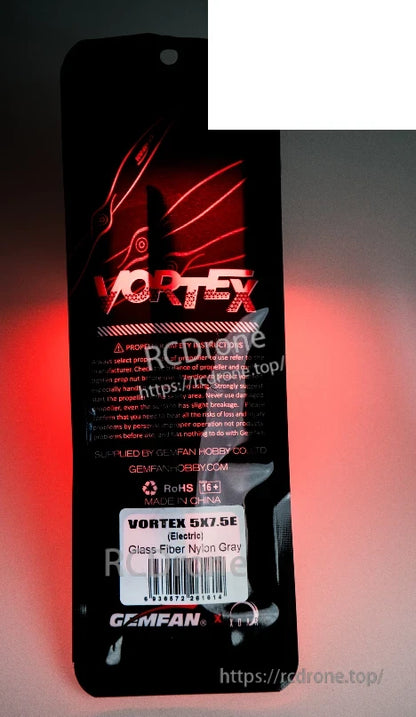 Gemfan Vortex package label showing model VORTEX 5X7.5E Electric and material text