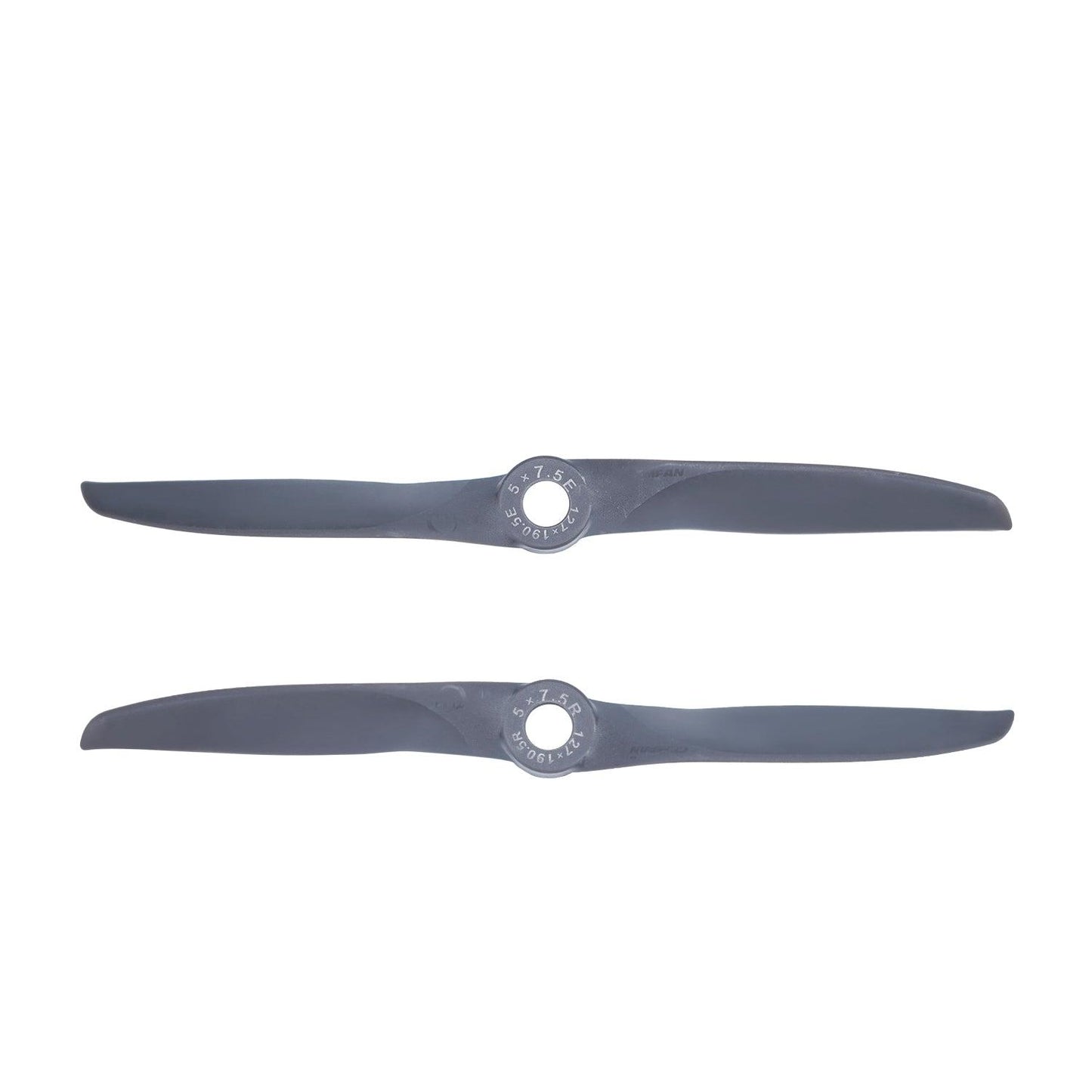 Pair of Gemfan Vortex 5x7.5 electric propellers (E and R), two-blade set on white background