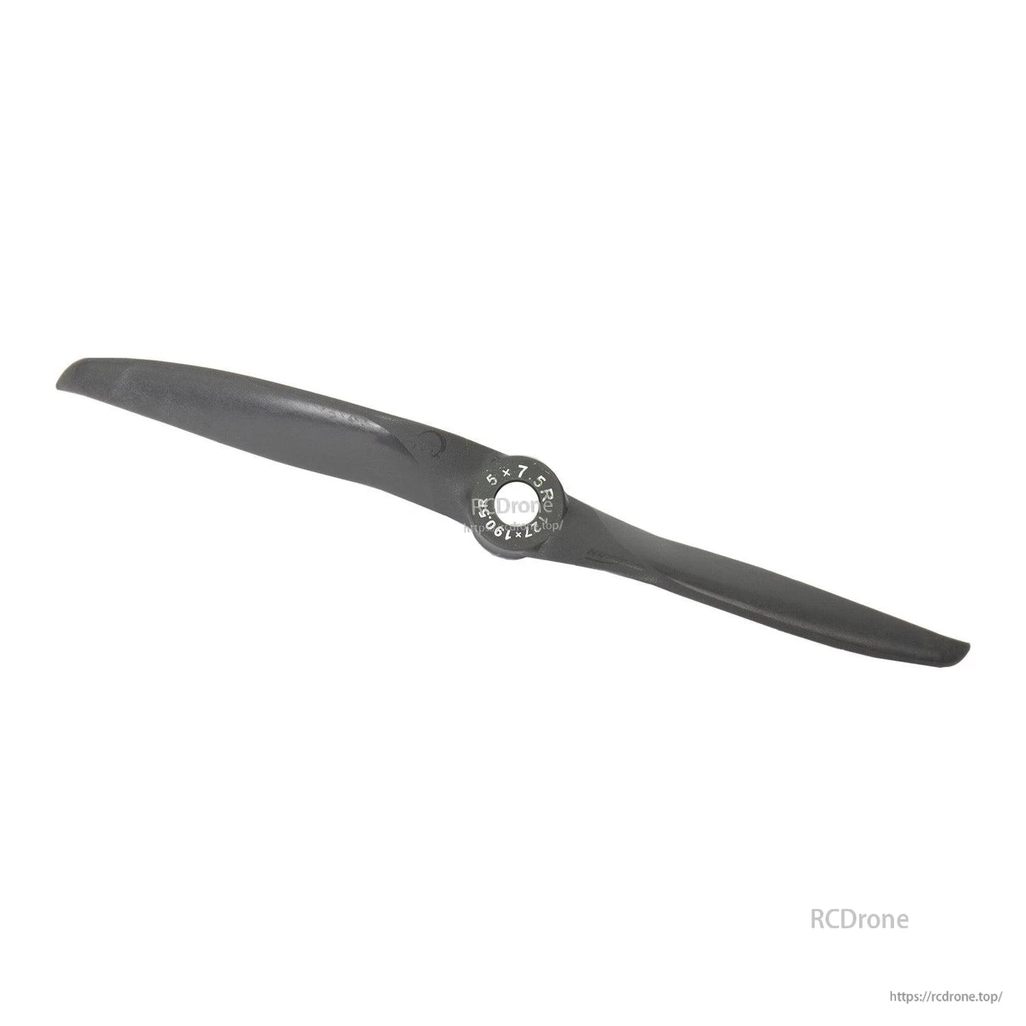 Two-blade propeller, angled view from opposite direction showing hub text and blade curvature