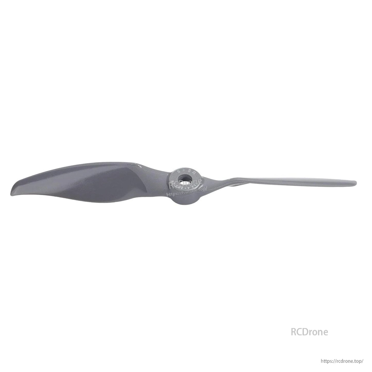 Opposite side angle of 6x8 propeller, close side view of blade curvature and center hub