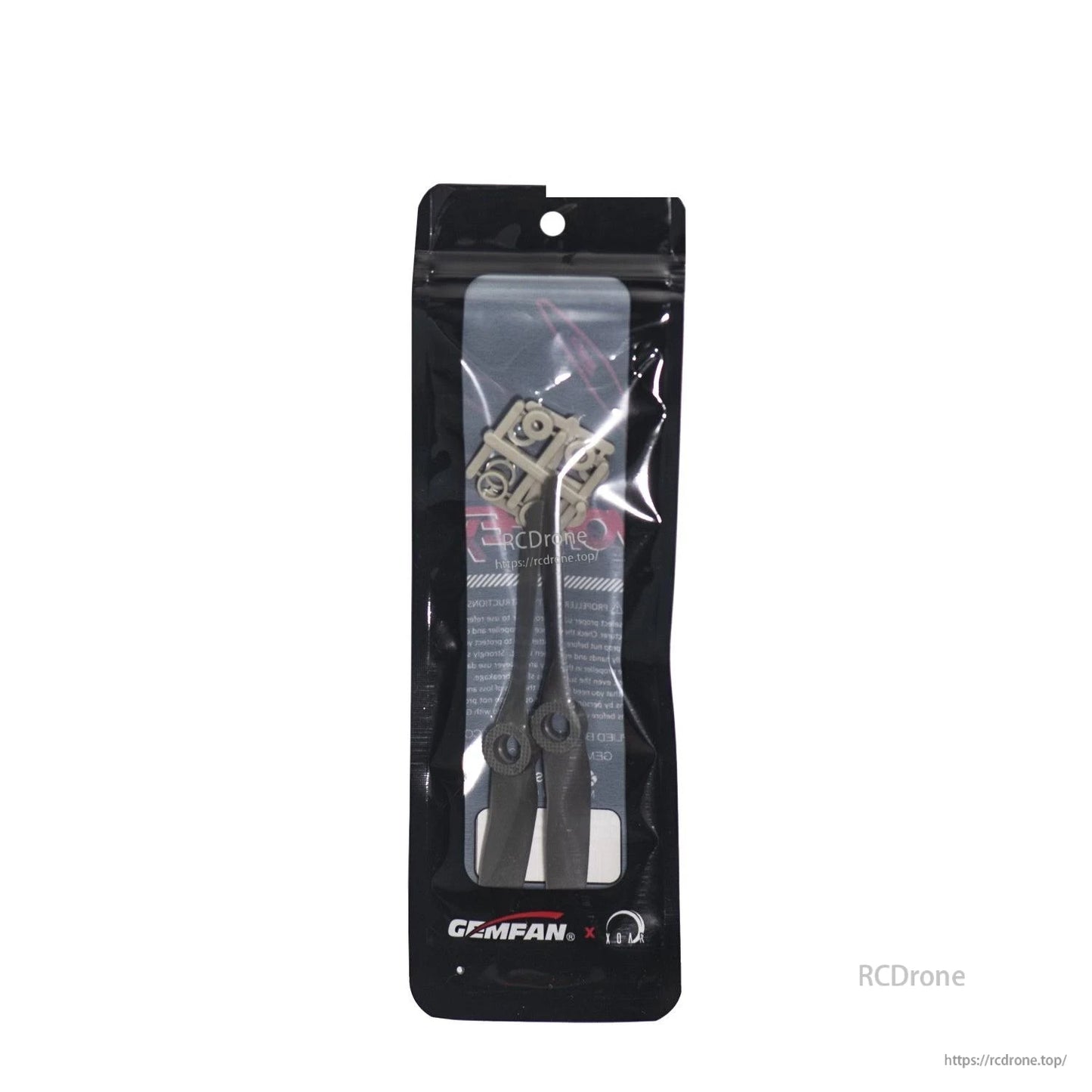 Sealed Gemfan propeller bag with hardware visible through window, hanging tab top