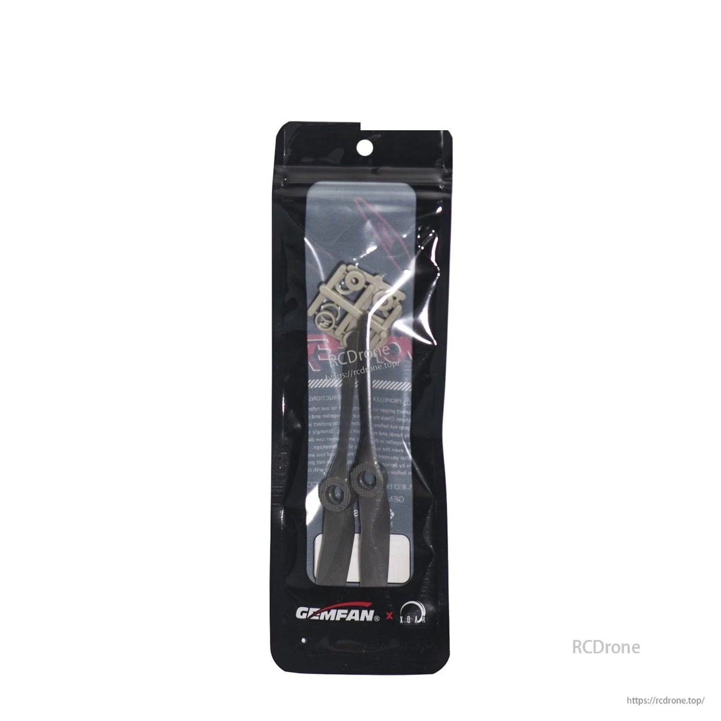 Gemfan retail packaging with two propellers inside sealed bag, front view
