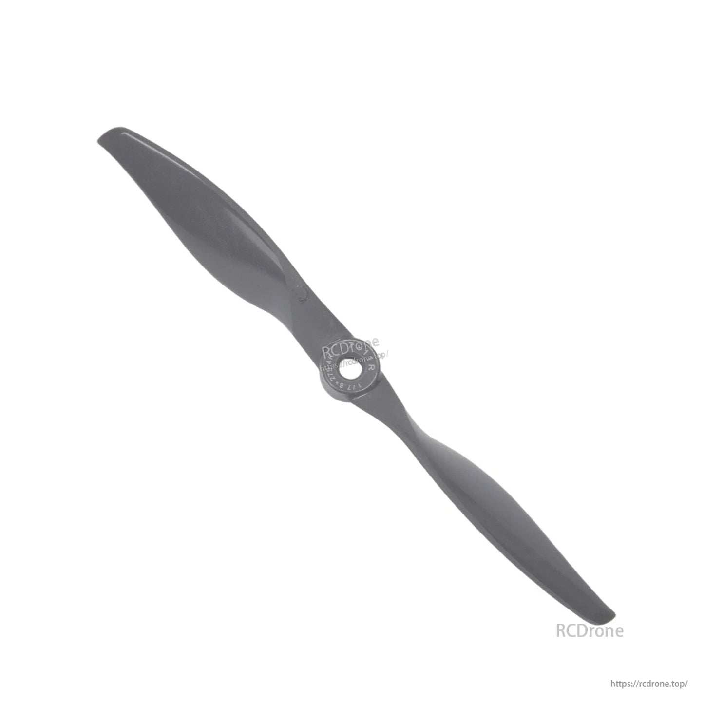 Two-blade electric propeller shown diagonally on white background, close view of hub and blades