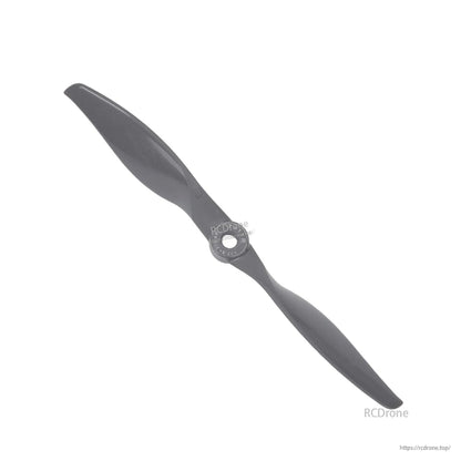 Two-blade electric propeller shown diagonally on white background, close view of hub and blades