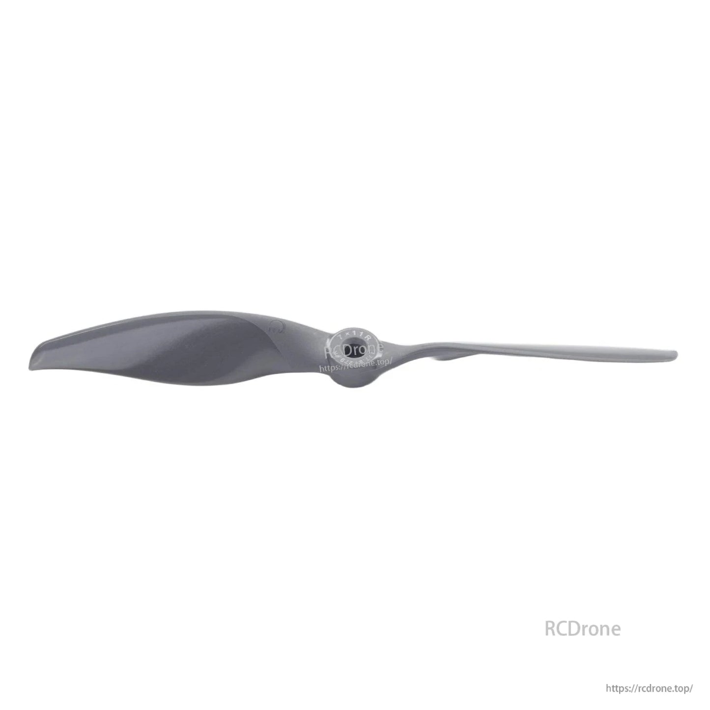 Two-blade propeller side profile from opposite direction, highlighting blade curvature and hub