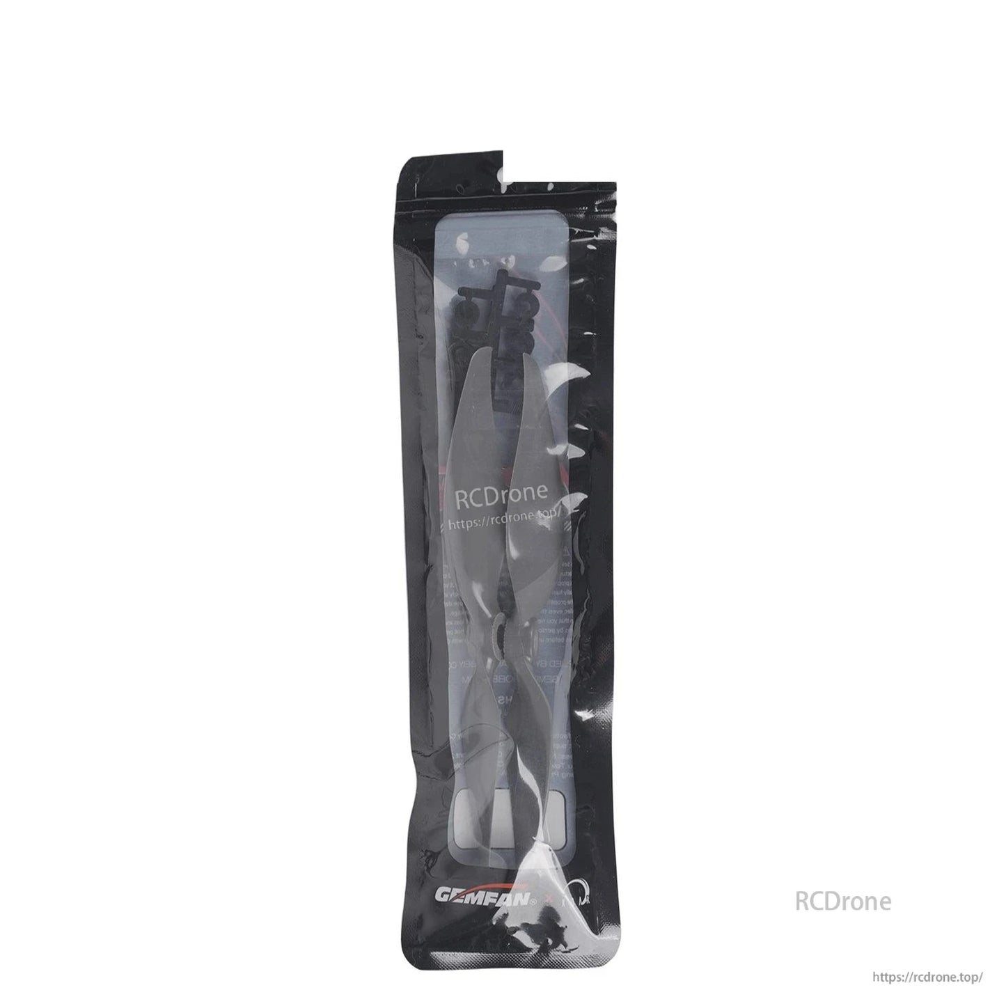 Propeller set in retail packaging, rear view showing contents through clear plastic sleeve