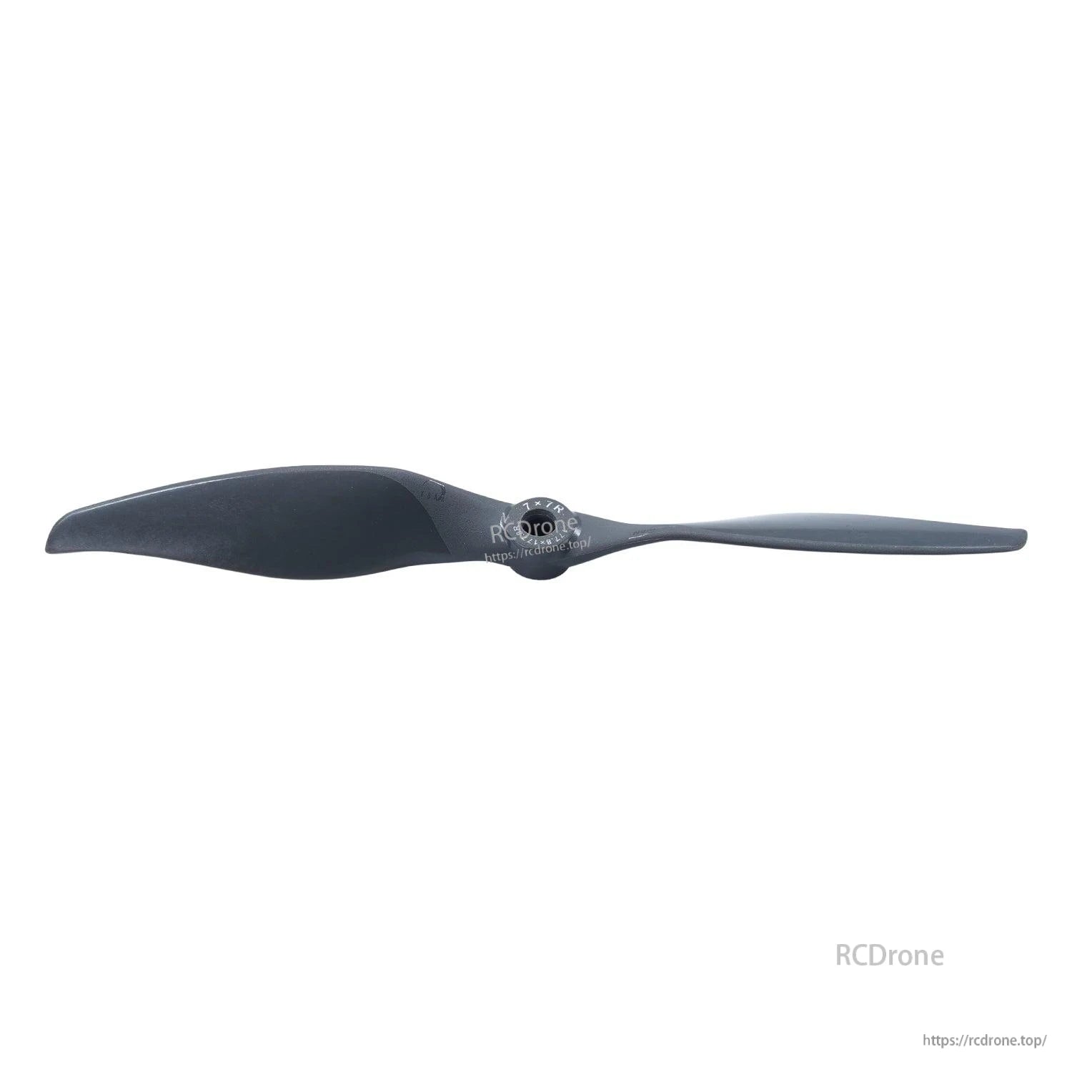 Two-blade propeller reverse-side profile view with hub centered on white background