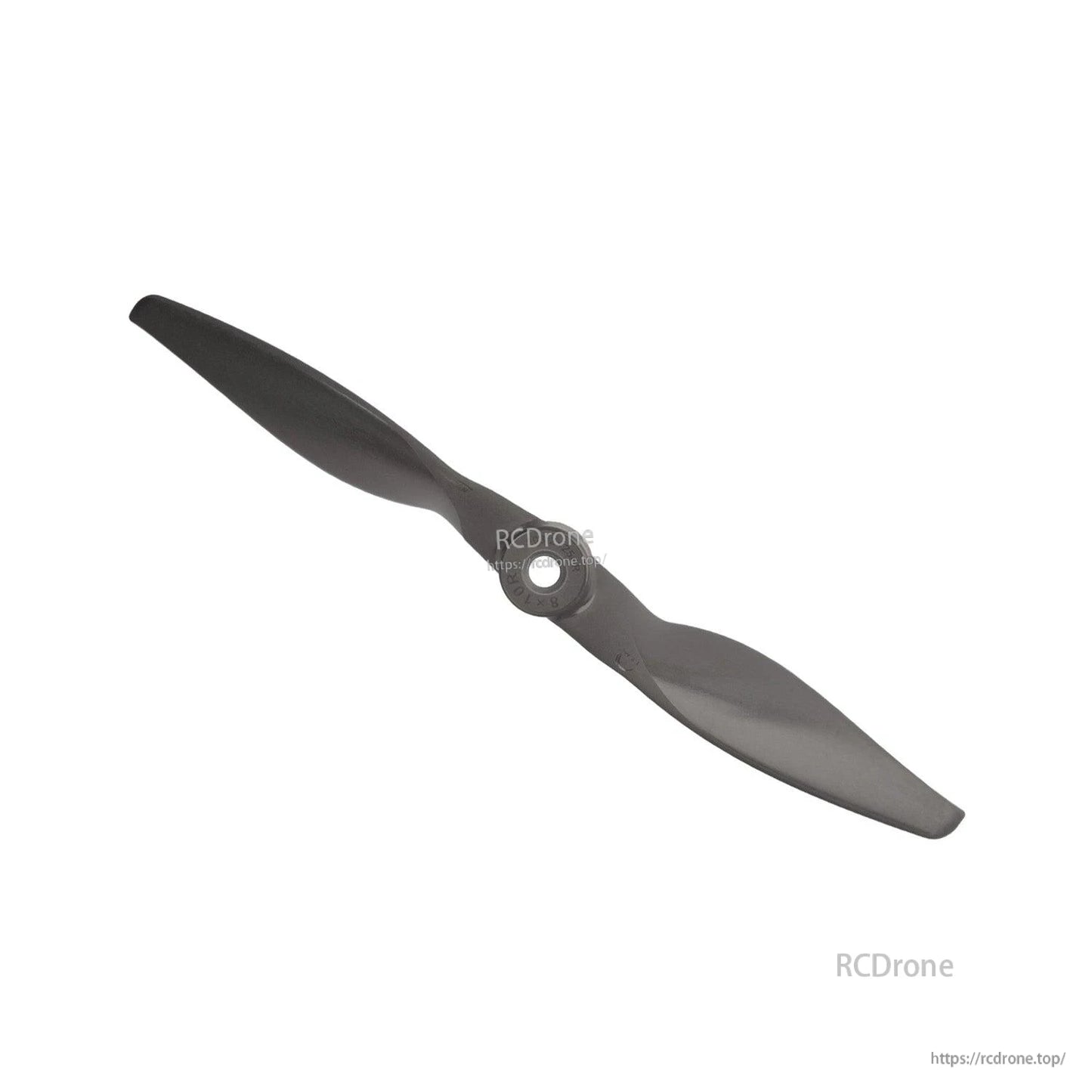 Angled view of propeller showing curved blade tips and hub opening detail