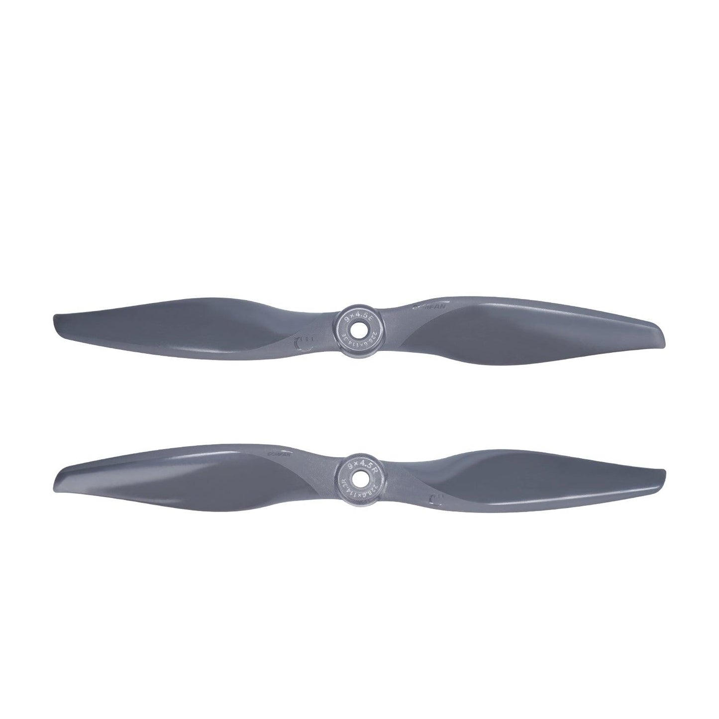 Gemfan Vortex 9x4.5E / 9x4.5R propellers, pair on white background, top view