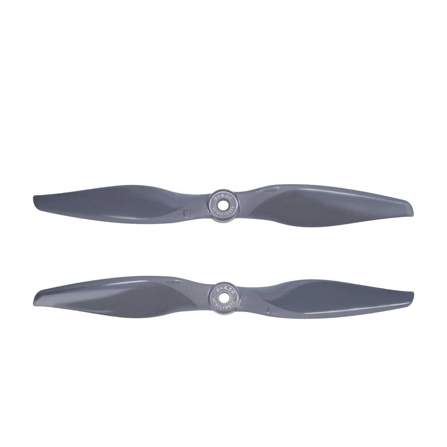 Gemfan Vortex 9x4.5E / 9x4.5R propellers, pair on white background, top view