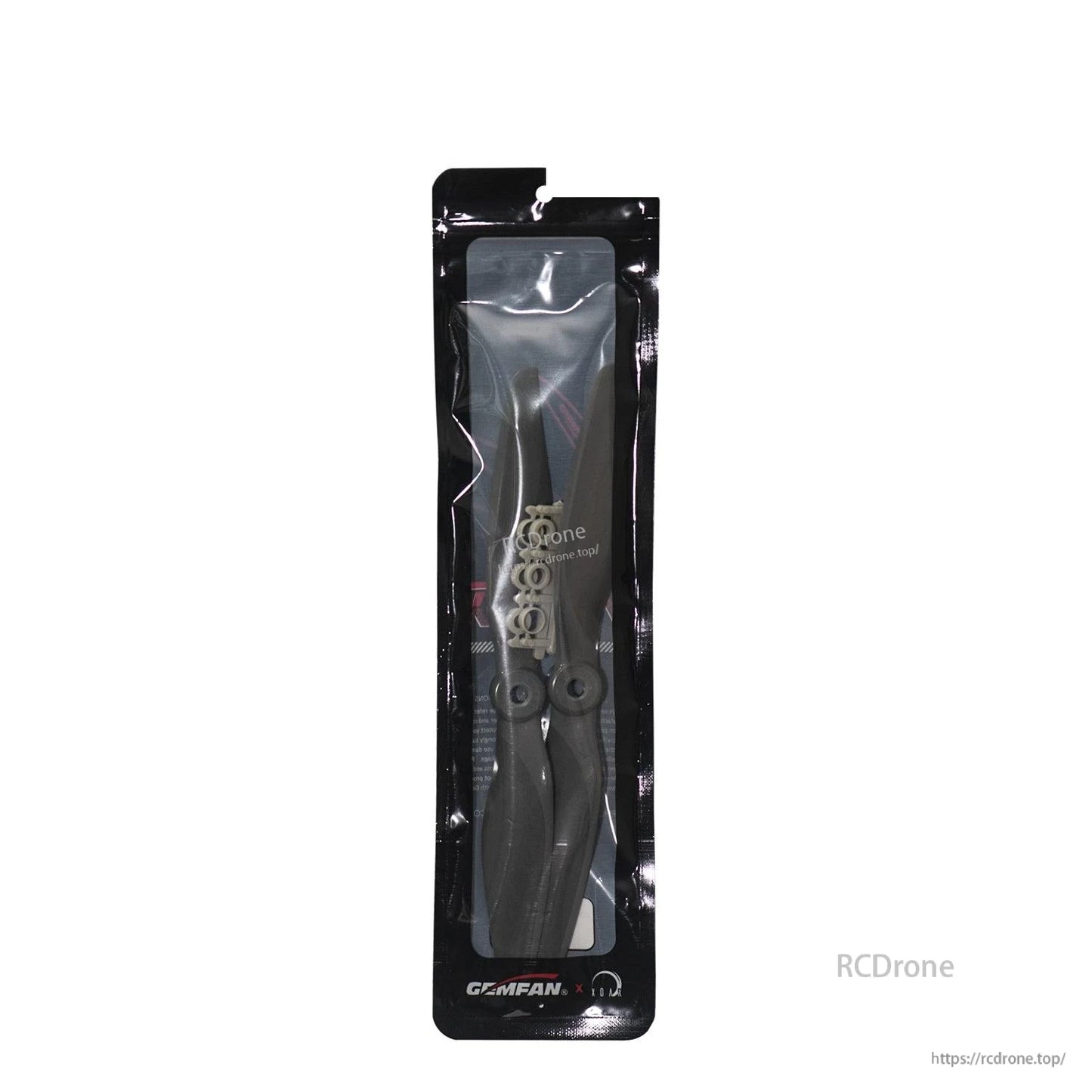 Retail package with two propellers and mounting hardware visible through clear pouch