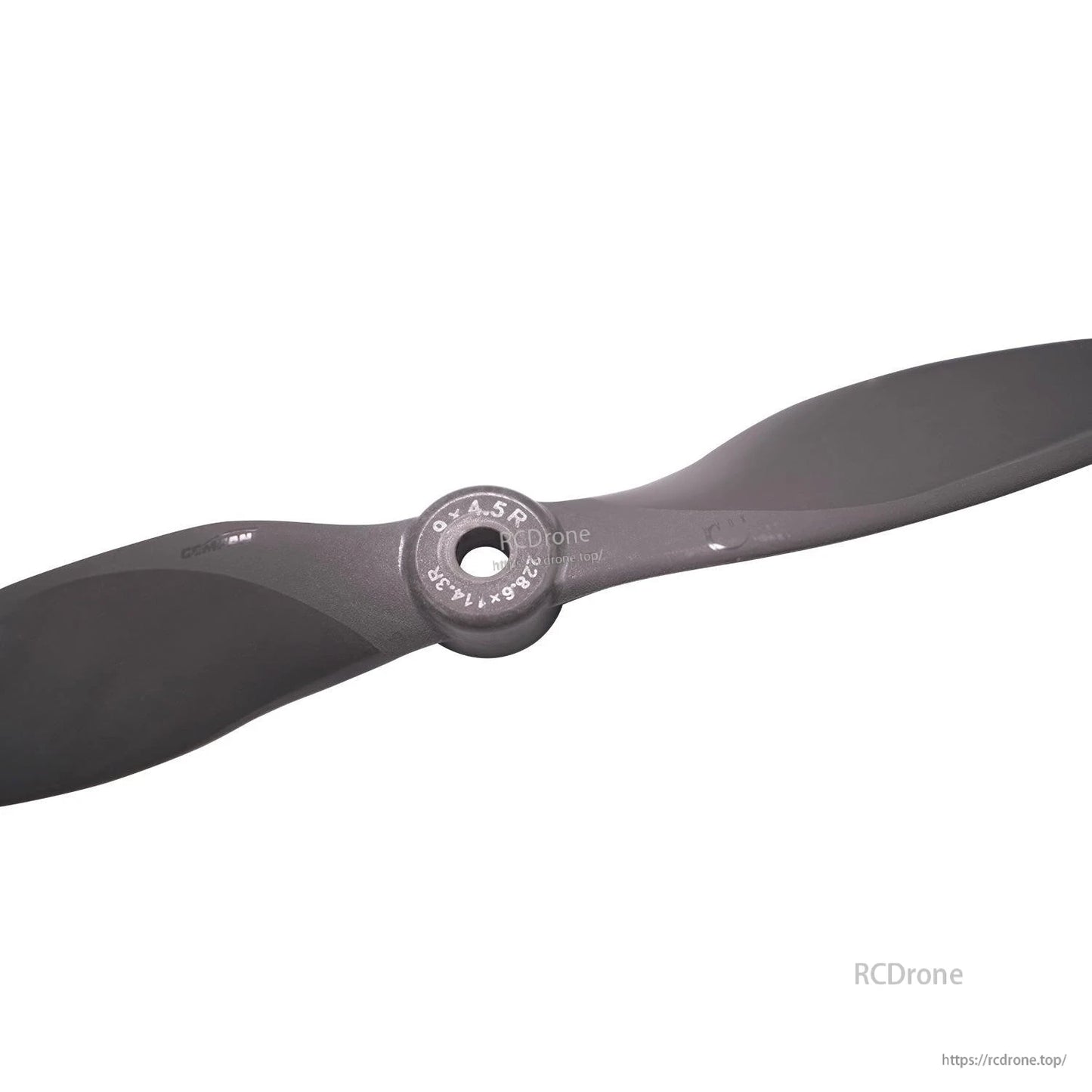 Close-up of propeller hub with size marking and center mounting hole
