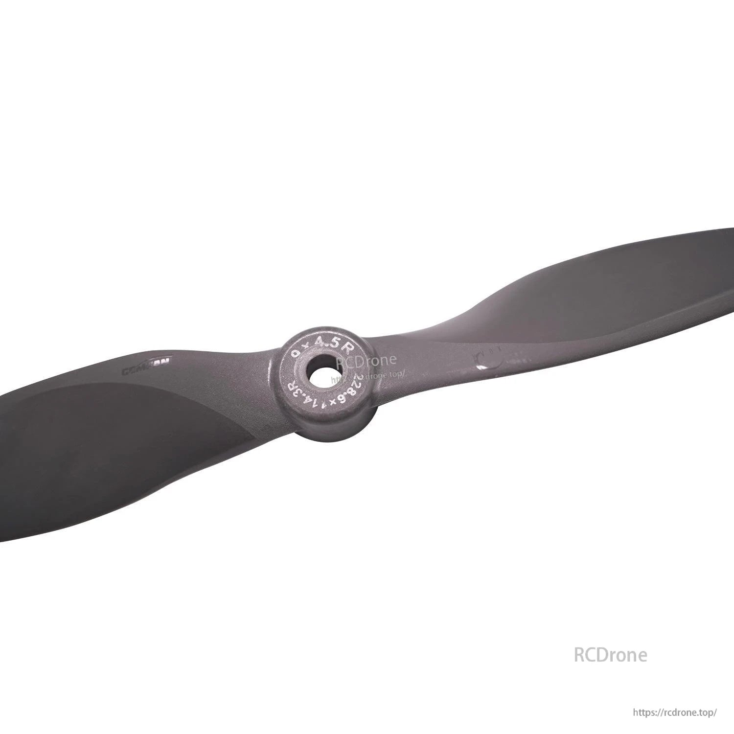 Close-up of propeller hub with size marking and center mounting hole