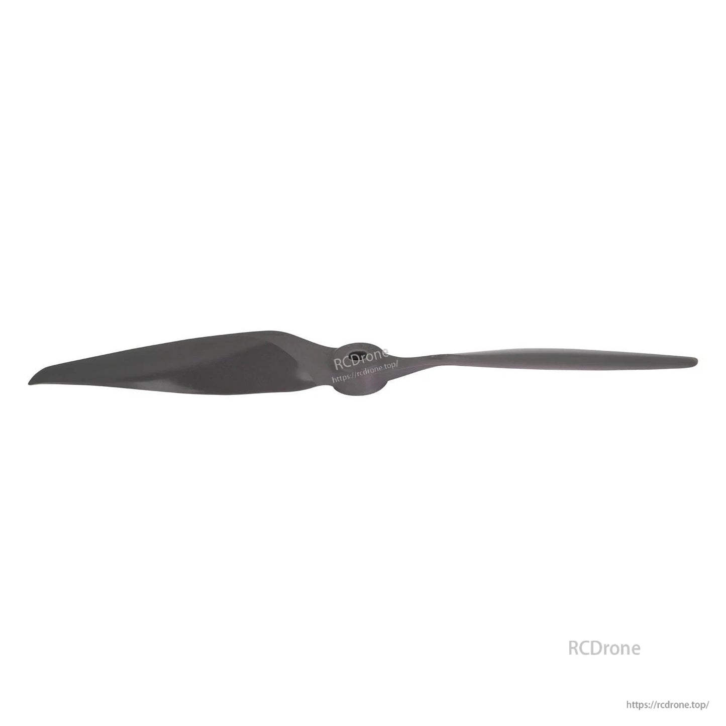 Low-angle side view of propeller showing thin trailing edge and hub profile