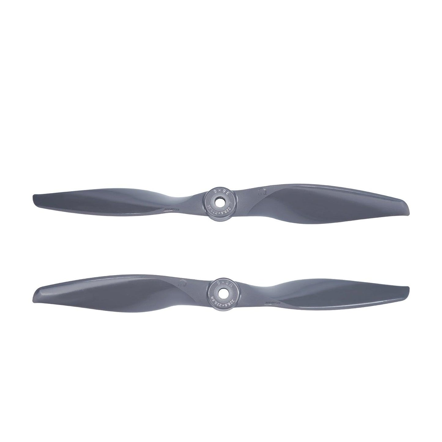 Gemfan Vortex 9x9E/9x9R electric propellers, pair of two-blade gray props on white background
