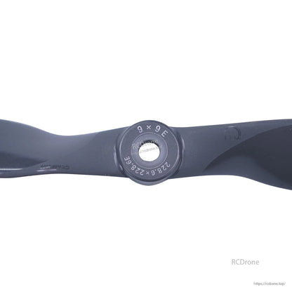 Hub close-up with size marking “9x9E” on Gemfan Vortex electric propeller