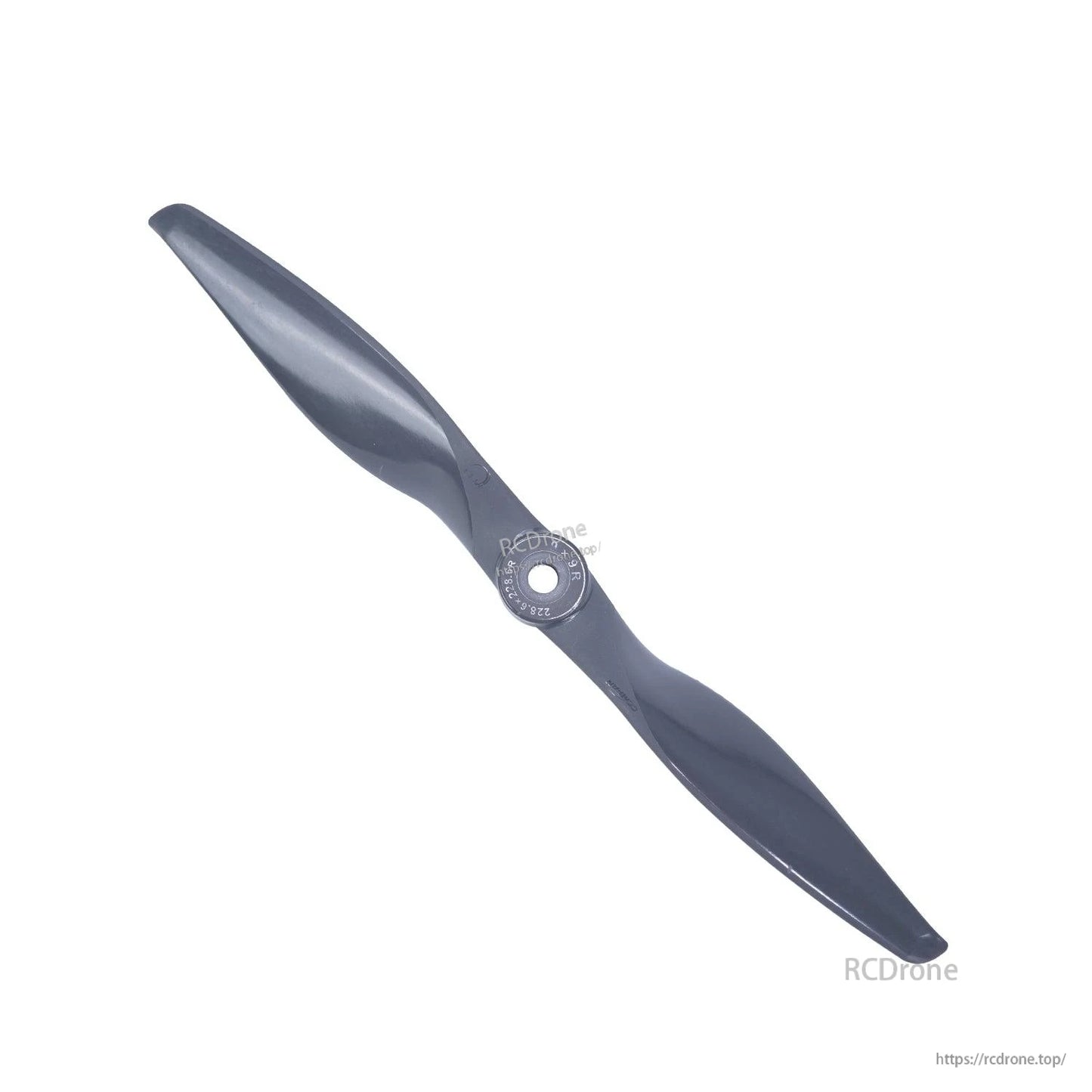 Angled view of Gemfan Vortex 9x9 propeller showing blade curvature and hub opening