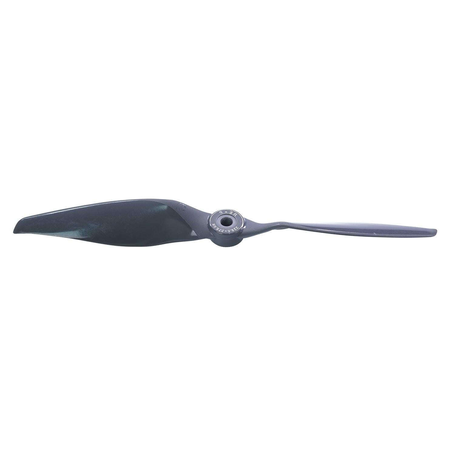 Two-blade propeller side profile showing blade pitch and hub thickness, gray finish