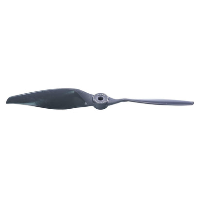 Two-blade propeller side profile showing blade pitch and hub thickness, gray finish