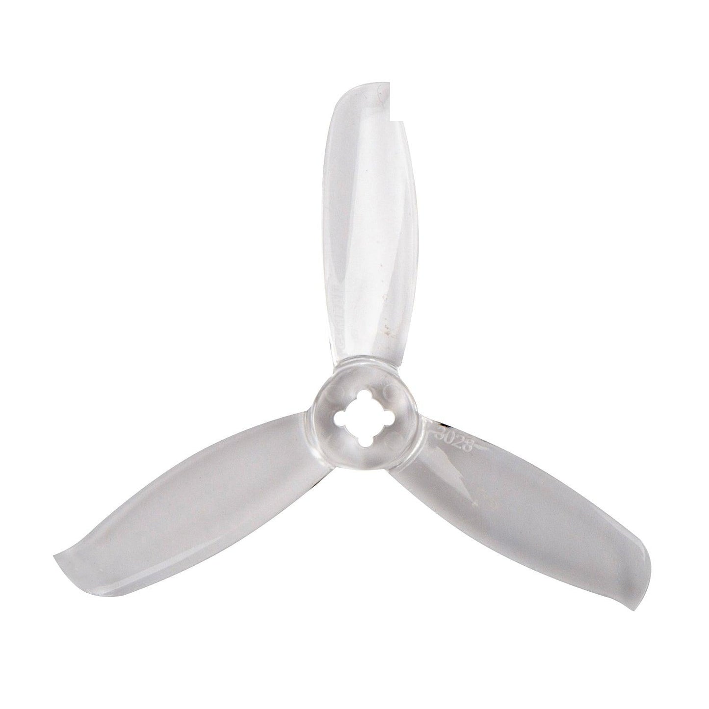 Clear smoke-gray tri-blade propeller showing blade profile and hub mounting cutout