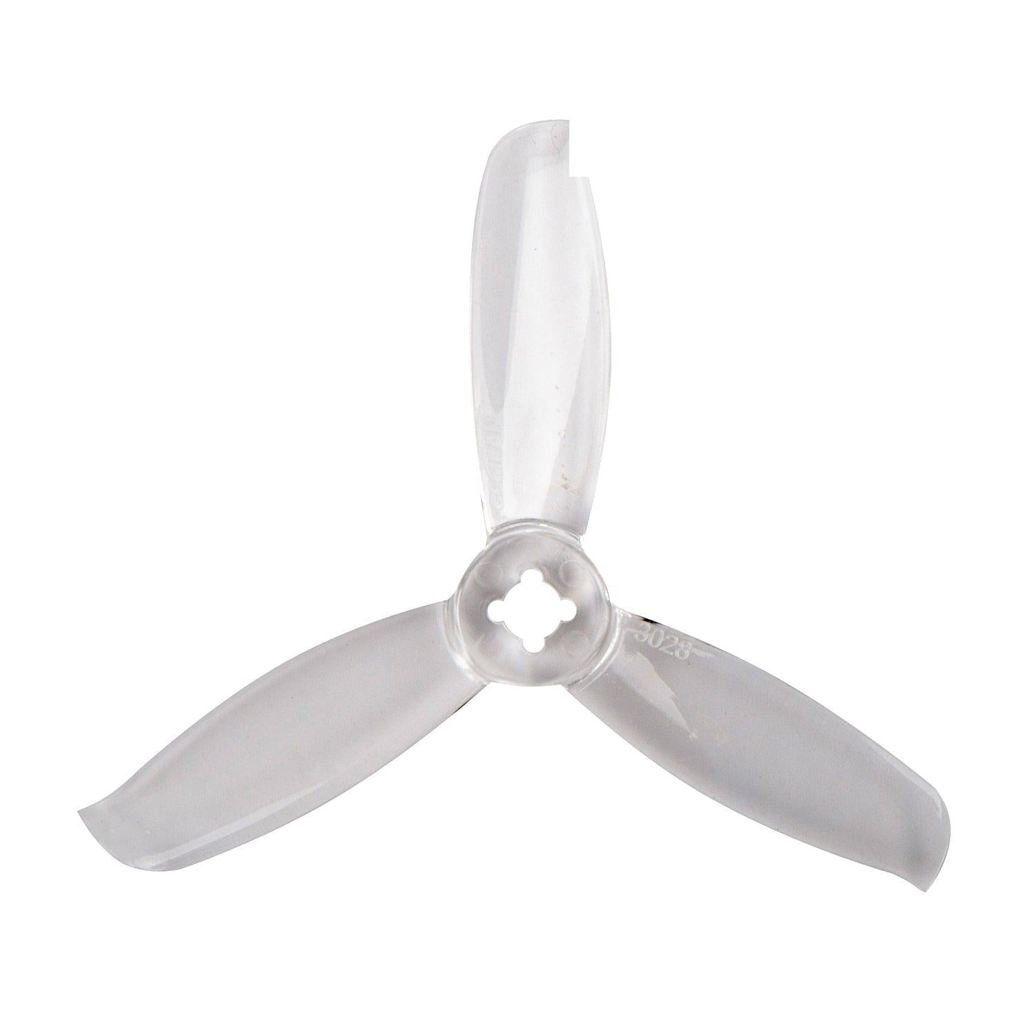 Clear smoke-gray tri-blade propeller showing blade profile and hub mounting cutout