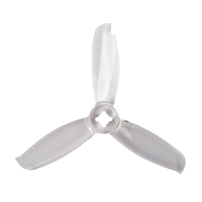 Clear smoke-gray tri-blade propeller showing blade profile and hub mounting cutout