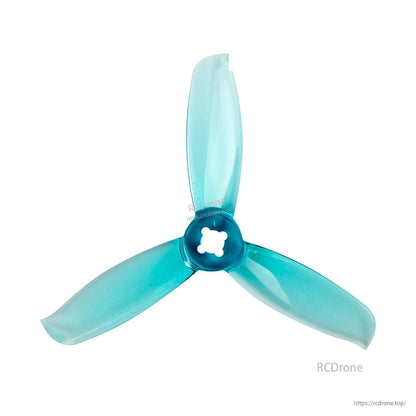 Translucent teal tri-blade propeller with matching hub, three-blade layout