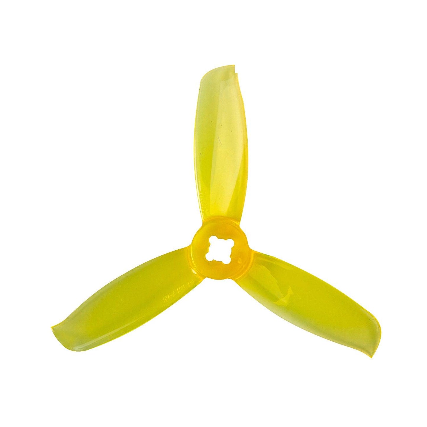 Translucent yellow 3-blade FPV drone propeller with 4-hole hub mount pattern
