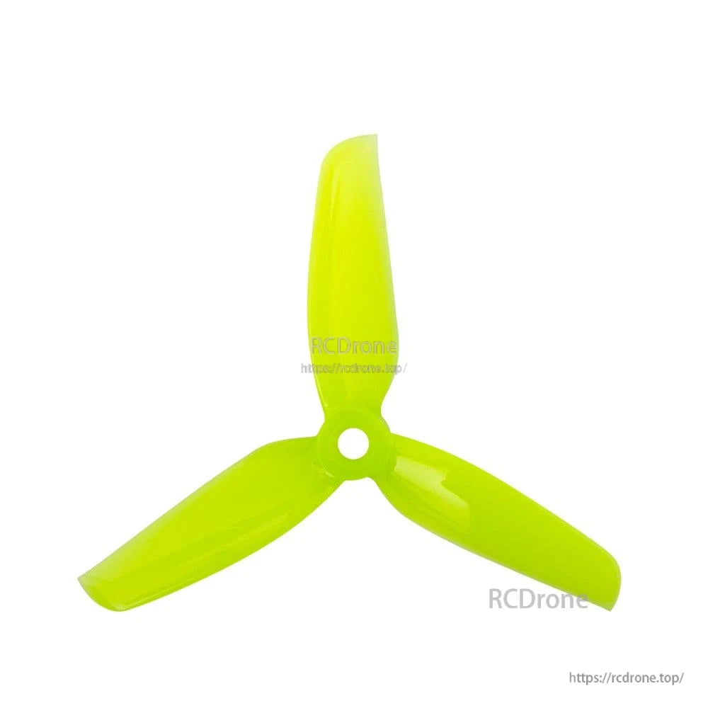Neon yellow-green 3-blade propeller, top view with curved blades and center mounting hole