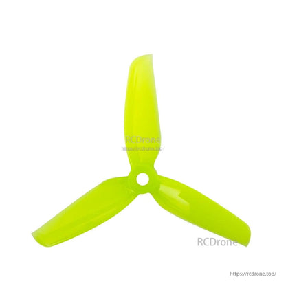 Neon yellow-green 3-blade propeller, top view with curved blades and center mounting hole