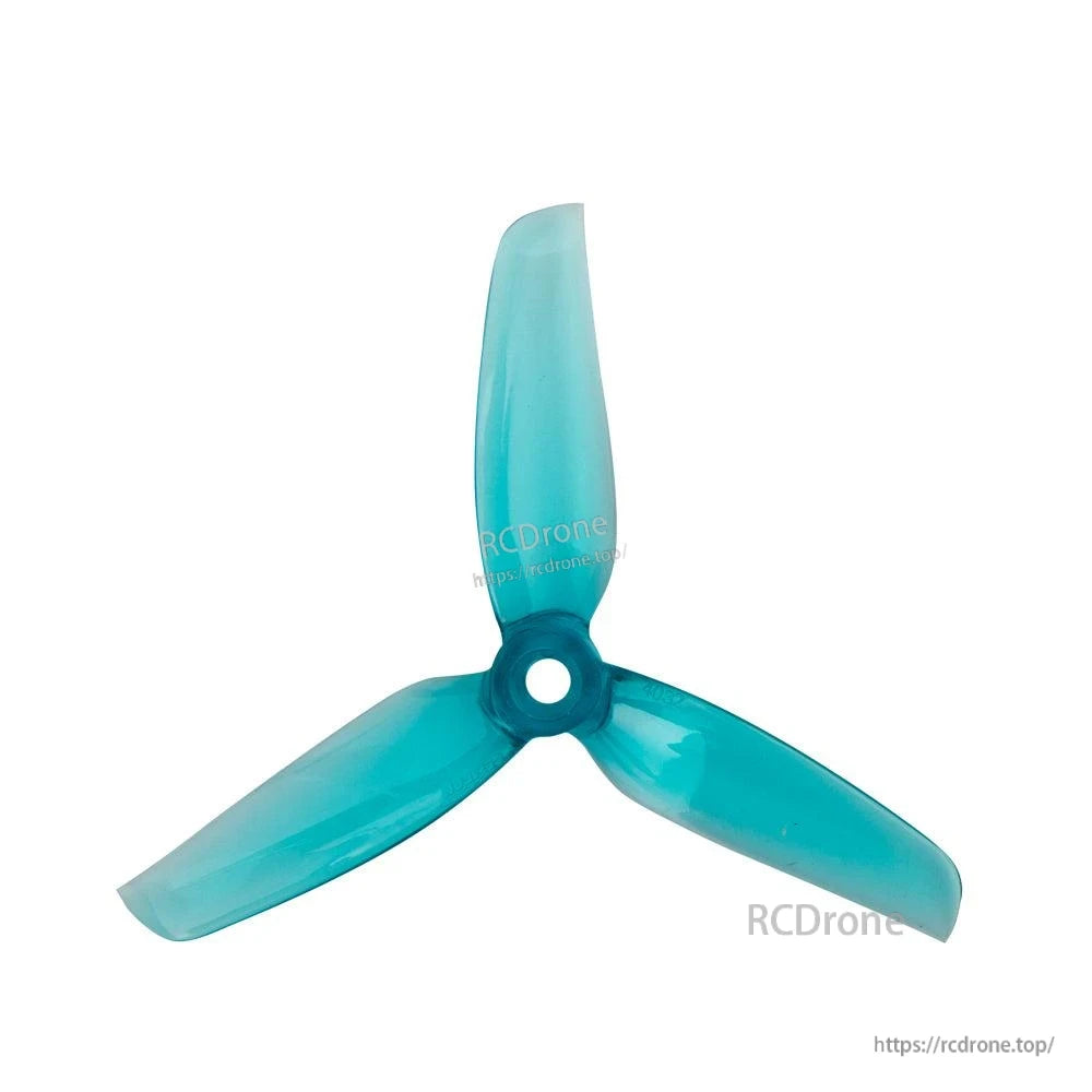 Teal blue 3-blade propeller, top view highlighting blade profile and center hub opening