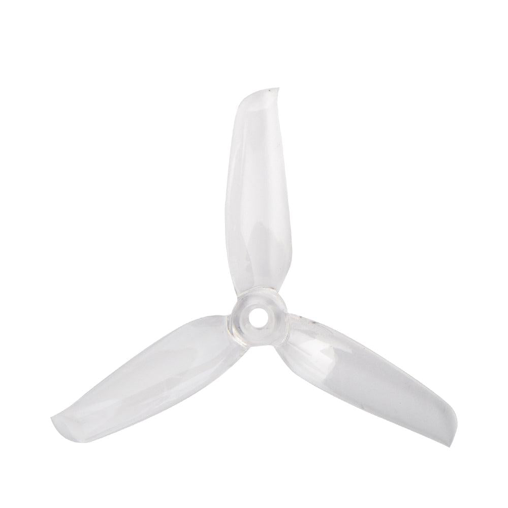 Clear transparent 3-blade drone propeller, top view showing tri-blade shape and center hub