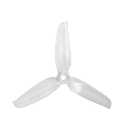 Clear transparent 3-blade drone propeller, top view showing tri-blade shape and center hub