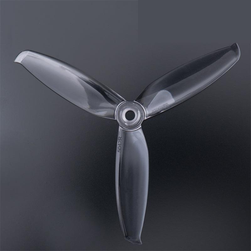 Gemfan Windancer 5042-3 clear 3-blade propeller, top view showing 5mm hub center