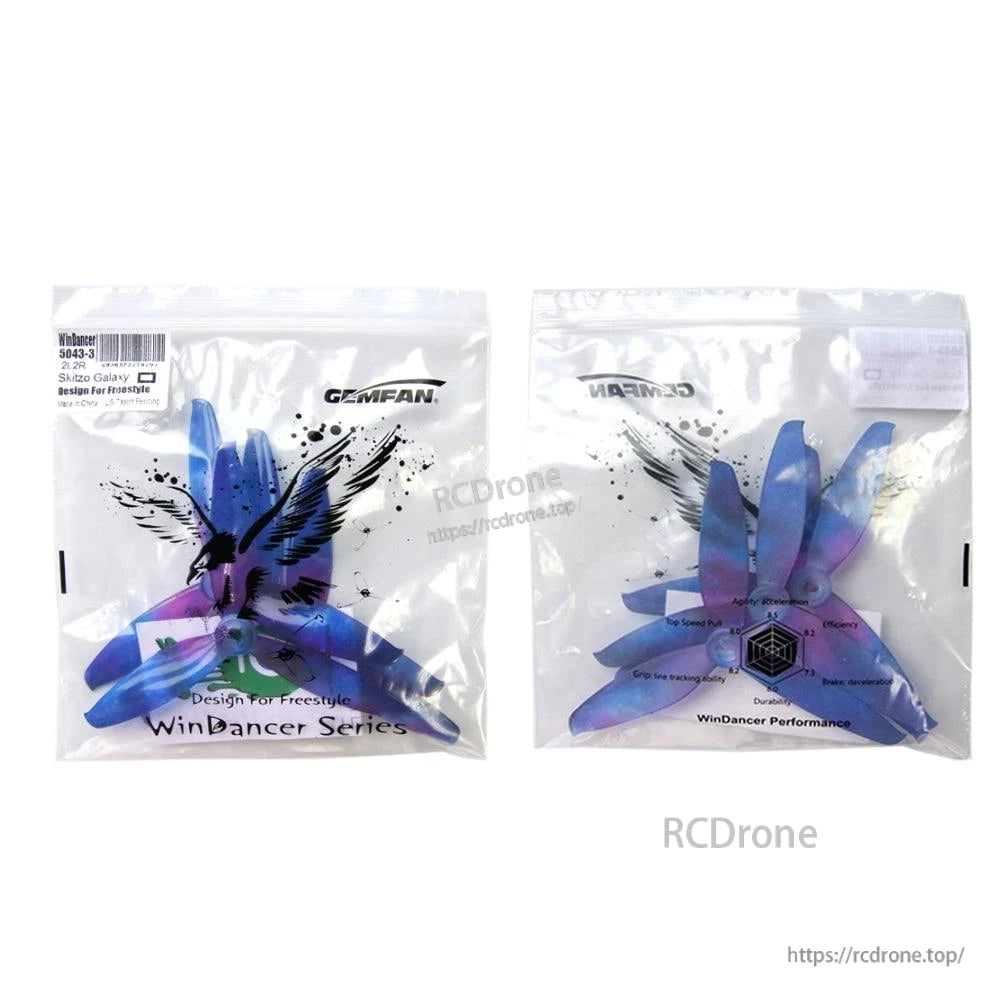 Gemfan Windancer Series propeller set retail packaging, front and back of bag shown
